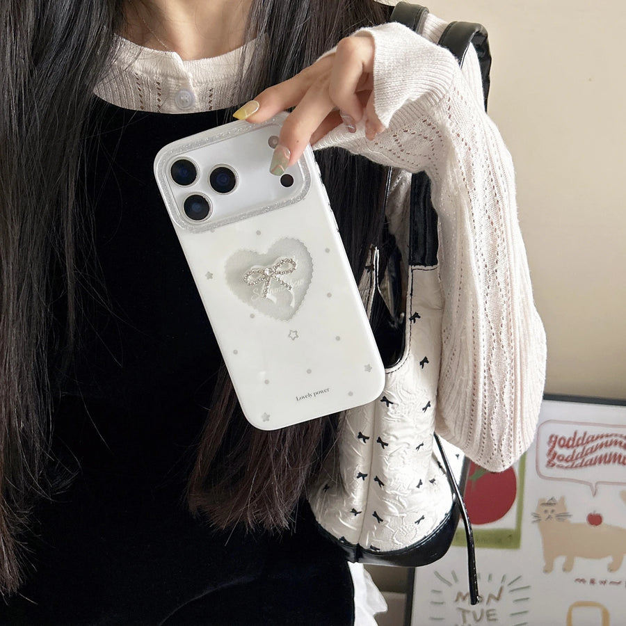 Korean Ins Simple Hollow-out Love Heart Pearl Sparkling Diamond Bow Phone Case for iPhone 17 16 15 14 13 Pro Max Back Cover Fund
