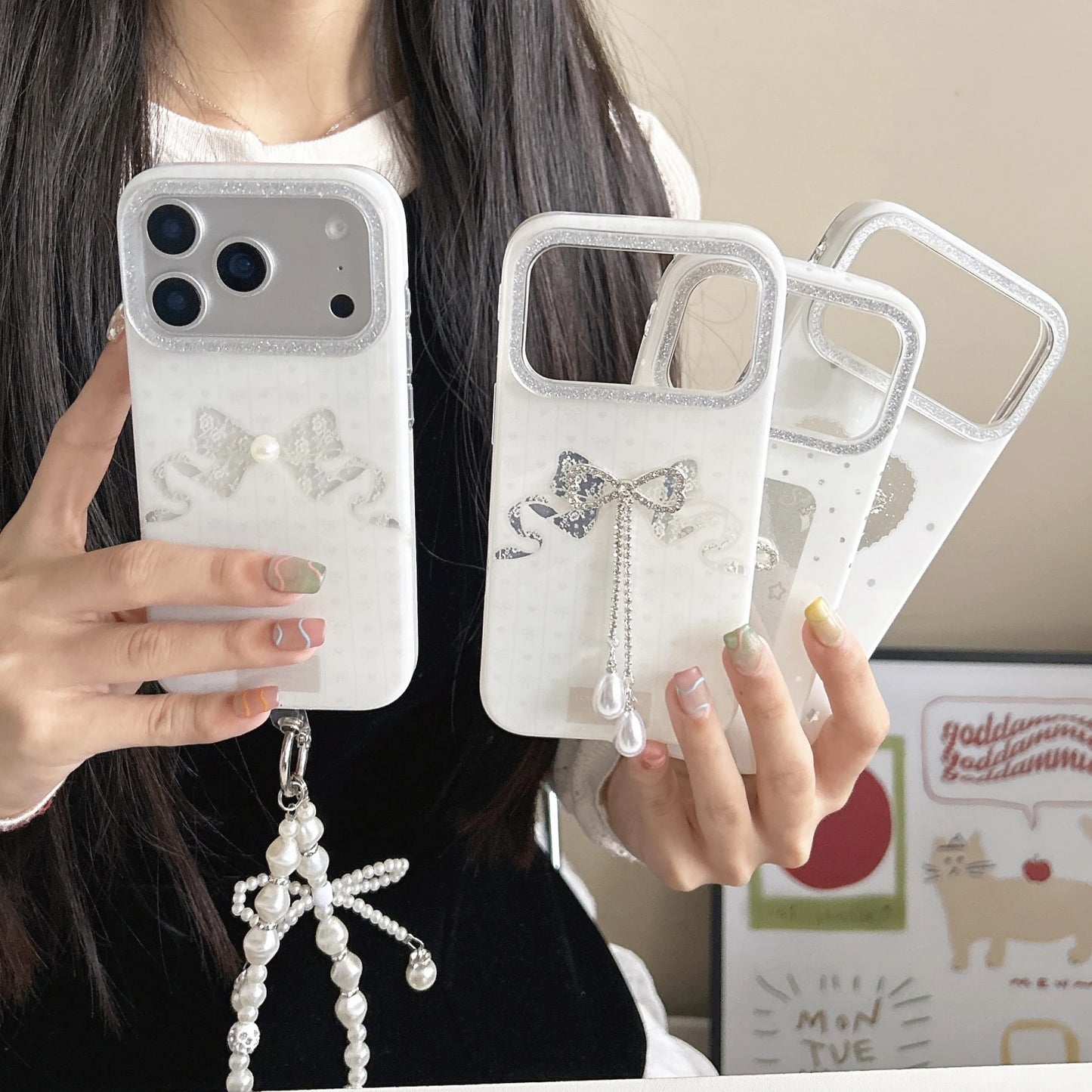 Korean Ins Simple Hollow-out Love Heart Pearl Sparkling Diamond Bow Phone Case for iPhone 17 16 15 14 13 Pro Max Back Cover Fund