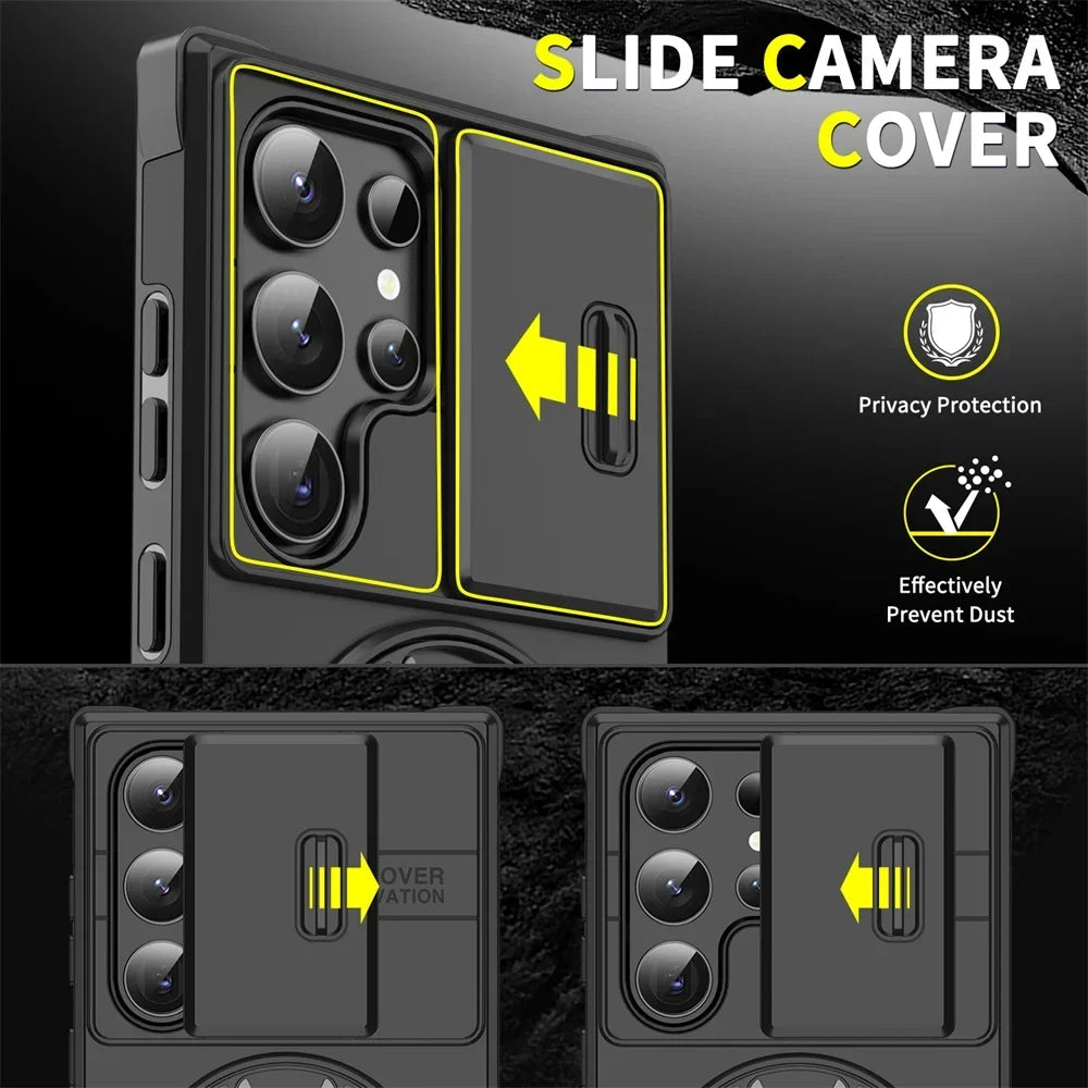 Armor Magnetic Bracket Case for Samsung S25 S24 S22 S21 S23 S20 Ultra Plus FE Slide Camera Protection Shockproof Cover