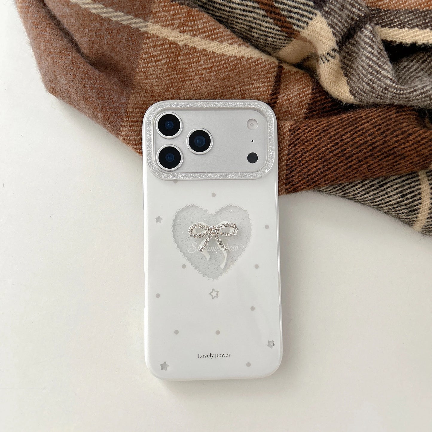 Korean Ins Simple Hollow-out Love Heart Pearl Sparkling Diamond Bow Phone Case for iPhone 17 16 15 14 13 Pro Max Back Cover Fund